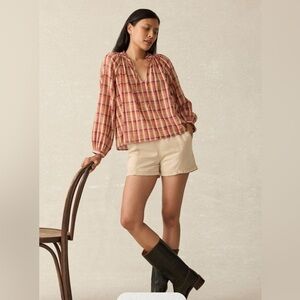 Faherty Annalise Gingham Blouse in Sunset Tones 💯 Cotton Boho